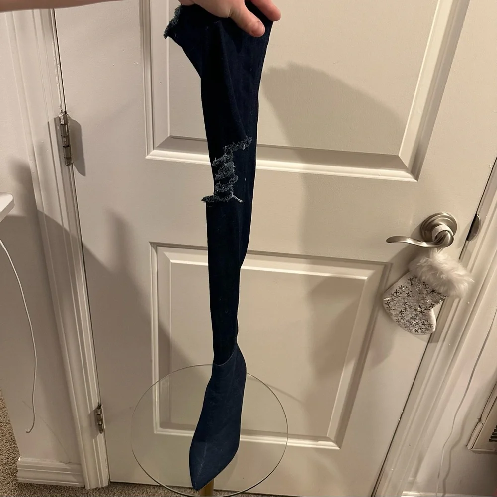 Over The Knee Boots 9 Pointed Toe Distressed Denim Tall Heels Y2K Block Heel